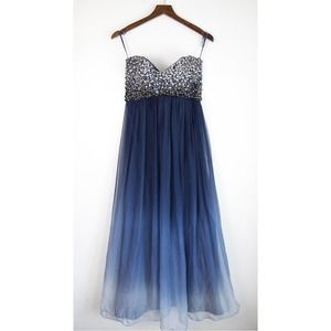 Jovani Blue Ombre Rhinestone Embellished Strapless Maxi Gown - Size 6